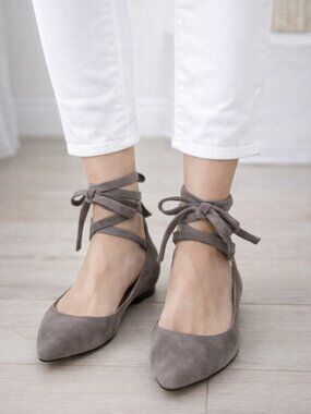 Vince Camuto Bevian Grey Suede Point Toe Ankle Lace Flats Womens Size 9.5M
